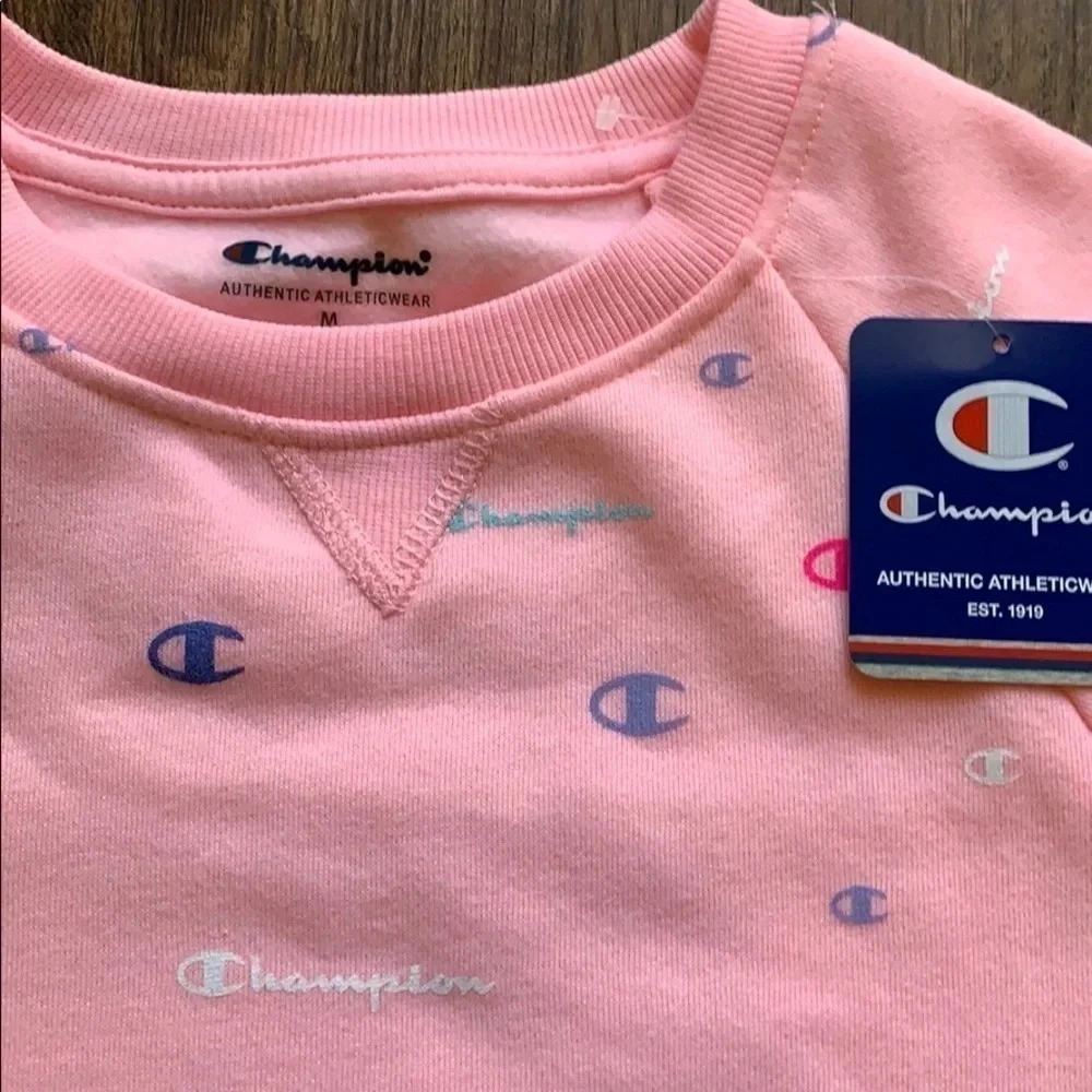 Girls Champion All Over Logo Pink Crewneck Sweatshirt Sz Medium NWT - Picture 6 of 12